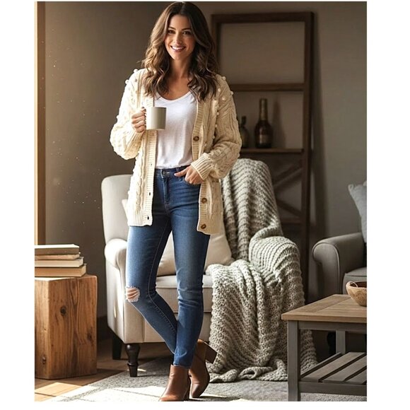 NWT!!  NEUFLORA - Gorgeous cream chunky knit button up cardigan - Picture 2 of 12